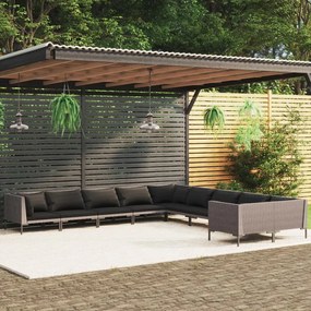 vidaXL 10pcs conj. lounge jardim c/ almofadões vime PE cinzento-escuro