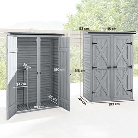 Abrigo de Jardim de Madeira 115x53x156 cm Armário Exterior para Ferramentas com Portas Duplas Cinza