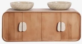Conjunto De Móvel De Casa De Banho Dupla Suspensa 130x45 Cm Em Madeira De Manga E Pedra Natural Kivalina Sem Espelho & Sem Torneira & Travertino - Mad