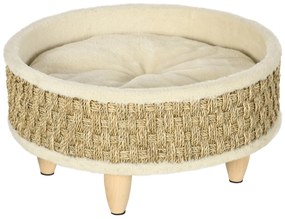 PawHut Cama Elevada para Gatos Cama para Cães Miniatura com Almofada Lavável Corda de Seagrass Estrutura de Madeira Ø48x24,5 cm Bege | Aosom Portugal