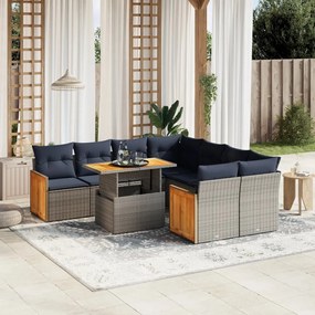 vidaXL 9 pcs conjunto sofás p/ jardim c/ almofadões vime PE cinzento