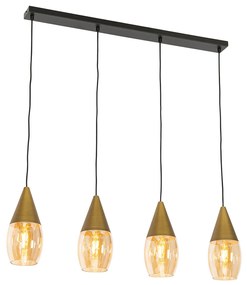 Candeeiro suspenso moderno dourado com vidro âmbar 4 luzes - Drop Moderno