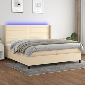 Cama box spring c/ colchão e LED 200x200 cm tecido cor creme