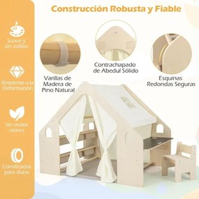 Casa de brincar 6 em 1 em madeira para crianças com quadro negro, secretária, cadeira, 6 cestos, tapete e cortinas para crianças dos 2 aos 6 anos, cor
