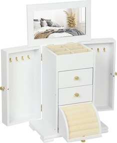 HOMCOM Caixa de Joias Feminina a 4 Níveis, Baú de Joias em Madeira com Asas, Espelho e 2 Gavetas, 26,5x16 x33,5 cm, Branco | Aosom Portugal