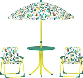 Conjunto de Assentos Infantis Conjunto de 4 Peças com Guarda-sol Removível Mesa Infantil com 2 Cadeiras Dobráveis Verde