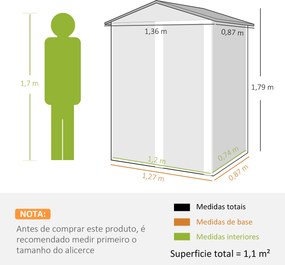 Abrigo de Jardim Metálico 136x87x179 cm Abrigo para Ferramentas com Porta de Correr Teto Inclinado e Luvas Castanho