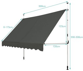 Toldo Telescópico e Retrátil 300 x 120 cm Resistente aos Raios UV Impermeável com Manivela Manual e Altura Ajustável para Janela Varanda Cinza