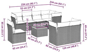 9 pcs conjunto sofás p/ jardim c/ almofadões vime PE cinzento