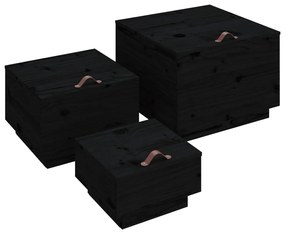Caixas de arrumação com tampas 3 pcs pinho maciço preto