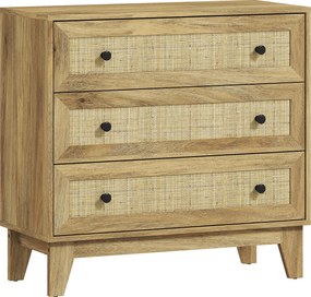 HOMCOM Cómodas Quarto Comoda Madeira com 3 Gavetas de Vime e Pés Elevados 80x35x76 cm | Aosom Portugal