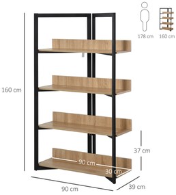 HOMCOM Estante de 4 Níveis Estante de Estilo Industrial com Grande Espaço de Armazenamento Sistema Anti-Tombo 90x39x160cm Preto e Carvalho
