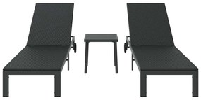 Espreguiçadeiras 2 pcs com Rodas e Mesa em Rattan Preto