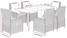 7 pcs conj. jantar p/ jardim c/ almofadões vime PE cinza-claro