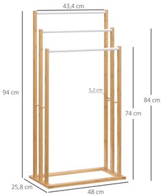 Toalheiro de Pé de Bambu com 3 Barras Toalheiro Independente de 3 Níveis para Casa de Banho 48x25,8x94cm Madeira