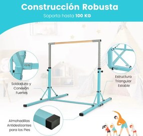 Barra de ginástica infantil dobrável com 13 alturas ajustáveis Estrutura triangular para ginásio em casa Carga 100 kg Azul Claro