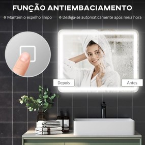 Espelho Casa de Banho com Luzes LED 70x90 cm Função Antiembaciamento 3 Temperaturas de Cor Ajustável e Função de Memória Prata