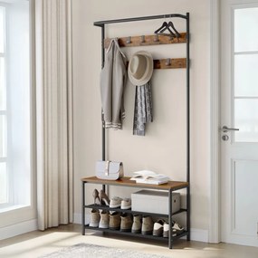 Armário entrada, hall com banco para sapatos estilo industrial 32,2 x 84 x 180 cm castanho vintage-preto