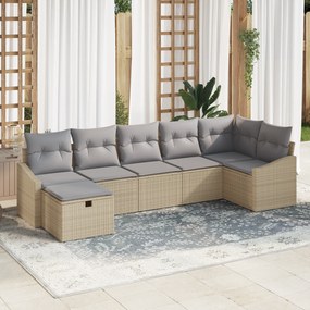 Conjunto de Sofá de Jardim de 7 Peças com Almofadas Bege Poliratan