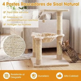 Arranhador para gatos 40 x 40 x 64 cm com rede, postes revestidos a sisal e bola de brincar bege