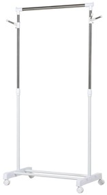 HOMCOM Charriot com Altura Ajustável Cabide com Rodas Portátil Prateleira Inferior Aço 68,5x42x87-145cm Branco e Prata