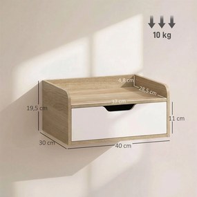 Conjunto de 2 mesas de cabeceira de parede 40 (L) x 30 (P) x 19,5 (A) cm, com gaveta e tampo com rebordos elevados, 40 x 30 x 19,5 cm, cor madeira nat