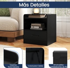 Mesa de cabeceira LED multicolorida 44,5 x 40 x 50 cm Mesa apoio com prateleira e gaveta Comando à distância para sala de estar e quarto Preto