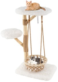 Arranhador para gatos 70 x 50 x 123 cm com rede suspensa, galhos de madeira, postes para arranhar em juta e 2 ganchos Natural + Branco