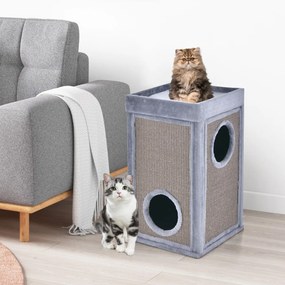 Torre de barril de cama para gatos de 2 andares com cama removível de esconderijo Placa para arranhar de sisal 40 x 40 x 69 cm cinza