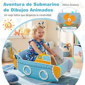 Barco baloiço de madeira de Madeira para crianças com mais de 1 ano 70 x 33,5 x 37 cm, com tema submarino, hélice giratória, Azul+Amarelo