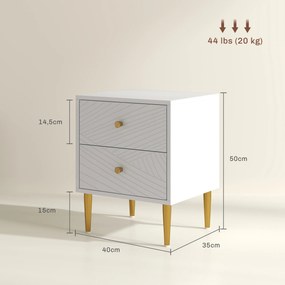 Mesa de cabeceira com 2 gavetas com puxadores, pés em aço, para quarto ou sala de estar, 40 x 35 x 50 cm, branca