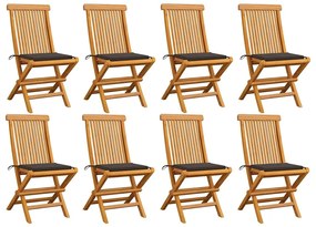 Cadeiras de jardim c/ almofadões cinza-acast. 8 pcs teca maciça