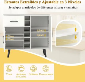 Aparador moderno com prateleira para 6 garrafas, 1 gaveta, 2 portas e 2 estantes ajustáveis para cozinha e sala de jantar Branco