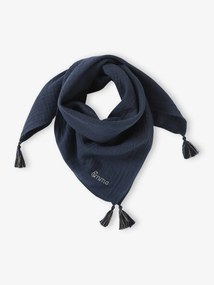 Lenço liso com borlas, personalizável, em algodão bio, para menina marinho