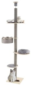 Arranhador para gatos do chão ao teto com altura ajustável de 236-271 cm com plataformas, almofadas, rede e poste para arranhar cinza.