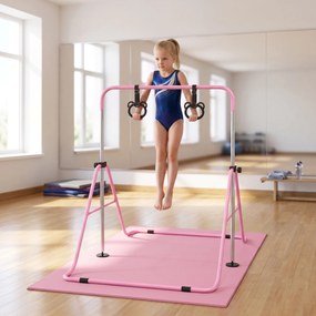Barra de Ginástica para Crianças com Altura Ajustável em 5 Níveis Anéis e Dobrável 148x105x88-128 cm Rosa