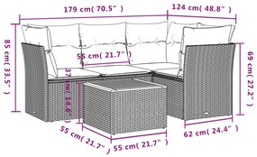 5 pcs conjunto sofás p/ jardim c/ almofadões vime PE cinzento