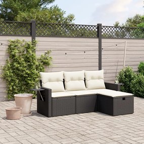 4 pcs conjunto de sofás para jardim c/ almofadões vime PE preto