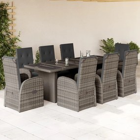 vidaXL 9 pcs conjunto de jantar p/ jardim c/ almofadões vime PE cinza