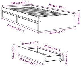 Estrutura de cama c/ gavetas 100x200 cm derivados madeira preto