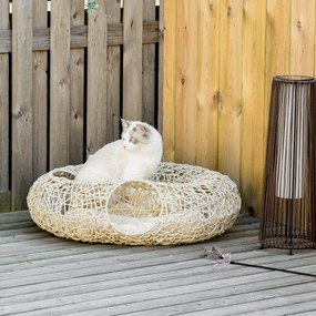 PawHut Cama para Gatos de Vime PE 78x69x22cm Cama para Gatos com Almofada Suave 3 Orifícios de Acesso e Canal em Forma de Anel Natural