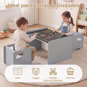 Conjunto de mesa e 2 cadeiras infantis com quadro de giz integrado e motivo de elefante em madeira, para crianças a partir dos 3 anos, sala de jogos/c