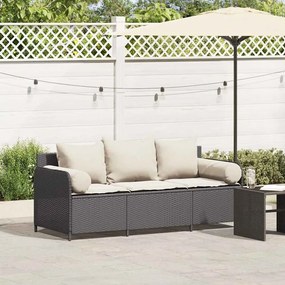 vidaXL Sofá de jardim 3 lugares com almofadões vime PE preto