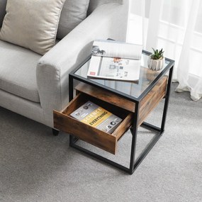 Mesa de apoio ou mesa de cabeçeira de design industrial em vidro 43 x 43 x 54 cm Castanho Vintage -preto