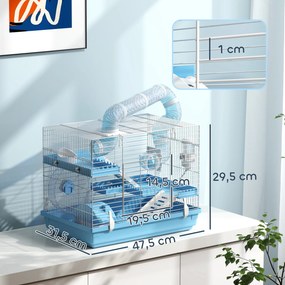 Gaiola portátil para hamster com casinha, roda de exercício, comedouro, garrafa de água, 47,5 x 31,5 x 29,5 cm, azul claro