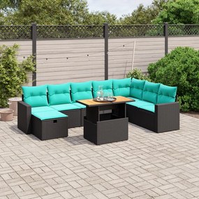 vidaXL 9 pcs conjunto de sofás p/ jardim c/ almofadões vime PE preto