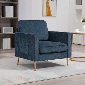 Poltrona em tecido com pés em aço dourado, muito confortável, com bolsos laterais, para sala de estar, escritório, quarto, azul