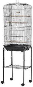 PawHut Gaiola para Passáros com Suporte Gaiola Metálica de Aves Canários com 4 Rodas Portas 4 Comedouros 3 Poleiros Bandeja Removível e Prateleira Inferior 46,5x36x157cm Preto
