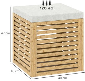 Banco com Armazenamento 57,7L Banco com Arrumação Estofado em Linho Sintético com Estrutura em Bambu 40x40x47 cm Cinza e Madeira