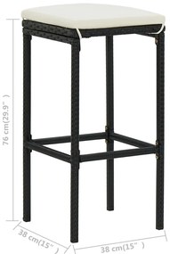 Bancos de bar com almofadões 4 pcs vime PE preto
